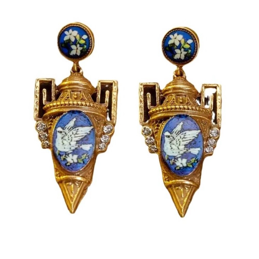 ✨ Vintage Bird Dove Gold and Blue Enamel Earrings Grecian Urn - Picture 3 of 3